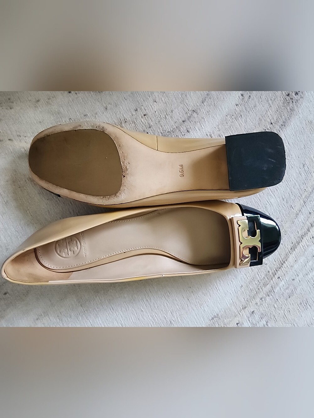 Two-Tone Beige and Black Cap-Toe Ballet Flats with Gold Accent - Picture 15 of 16